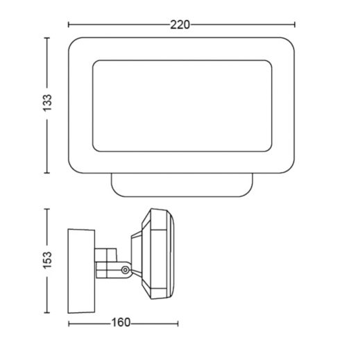 Technical drawing of a rectangular smart outdoor floodlight with labeled width, height, and mounting depth dimensions in millimeters.