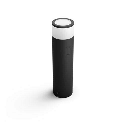 Black cylindrical outdoor bollard light with a matte finish, white top diffuser, and visible access panel on the front.