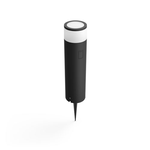 Black cylindrical outdoor pathway light with matte finish, white top diffuser, visible stake, and rectangular switch on the body.