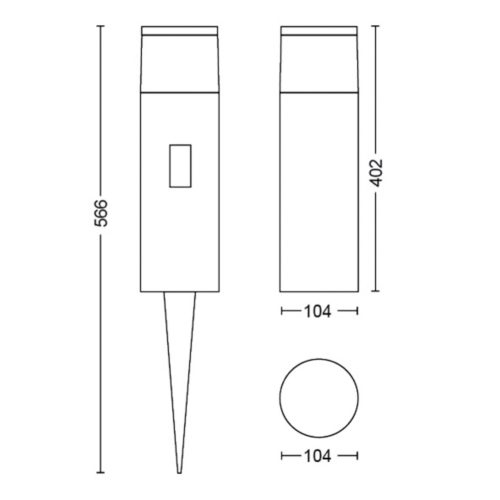 Technical drawing of a cylindrical outdoor smart light with labeled height and diameter, showing front, side, and top views.