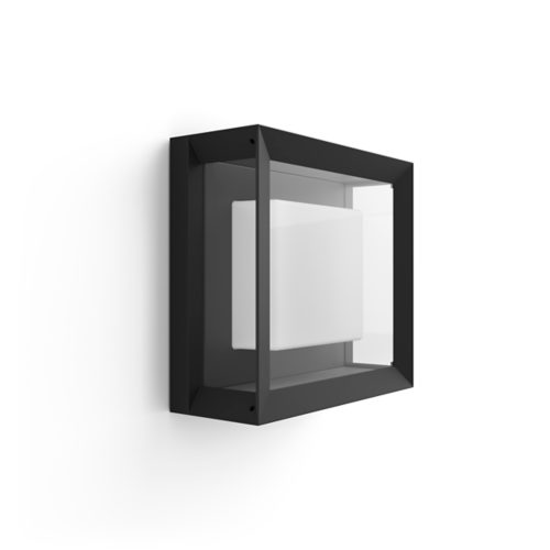 Rectangular black wall light with a matte finish, featuring a white cuboid diffuser enclosed in a clear frame.