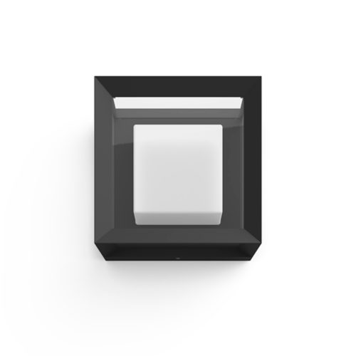 Square-shaped black wall light with a matte finish, featuring a white central diffuser and a compact, geometric design.