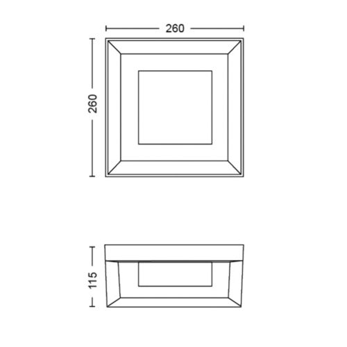 Technical drawing showing top and side views of a square fixture with labeled dimensions 260 mm width and 115 mm height.