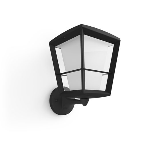 Wall-mounted outdoor lantern with a geometric shape, black matte finish, clear panels, and compact design, no visible switches or ports.