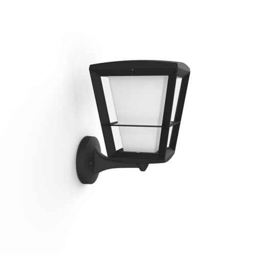 Outdoor wall lantern, rectangular shape, black matte finish, frosted panel, mounted on a round base, no visible switches or ports.