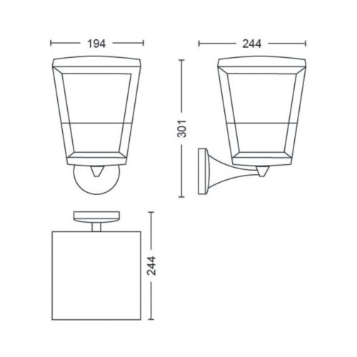Line drawing of a wall-mounted outdoor light fixture showing front, side, and top views with labeled dimensions and mounting layout.