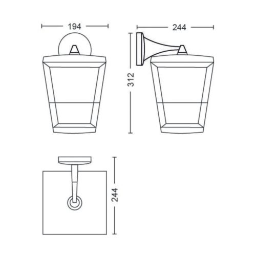 Technical drawing of a wall-mounted outdoor lantern with labeled dimensions, showing front, side, and top views for installation reference.