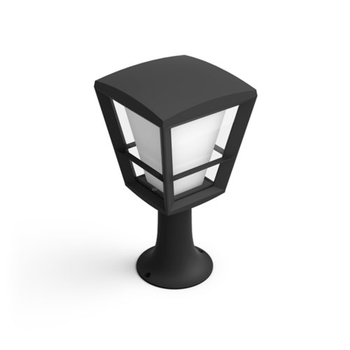 Outdoor lantern-shaped smart light with a matte black finish, compact base, and frosted white diffuser, no visible switches or ports.