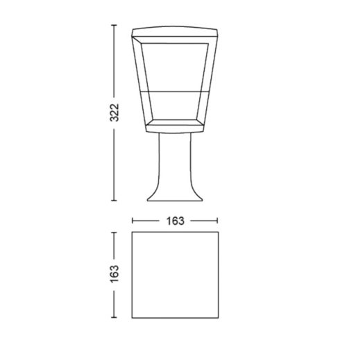 Line drawing of an outdoor smart light with labeled height and base dimensions, showing front and top views for installation reference.
