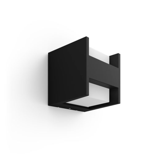 Rectangular black outdoor wall light with matte finish, compact design, and visible white diffuser panel, no visible switches or ports.