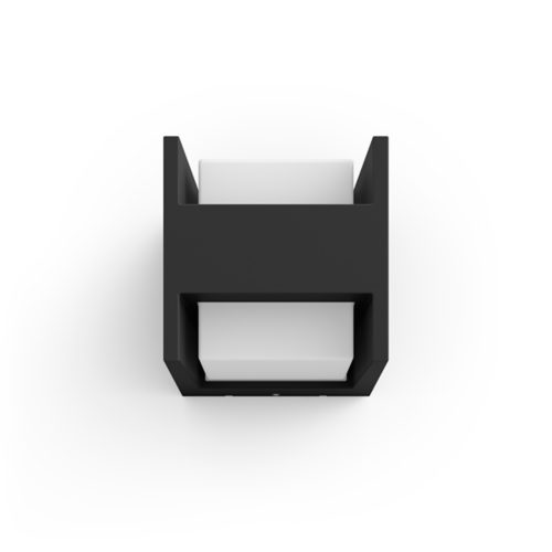 Rectangular outdoor wall light, black finish, compact design, with white diffusers on top and bottom, no visible switches or ports.