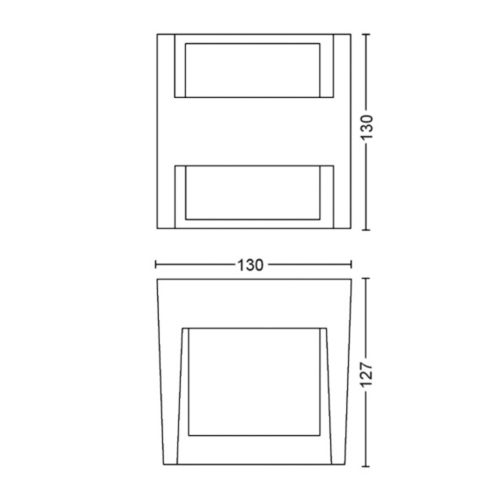 Technical drawing of a square device showing front and side views with labeled dimensions of 130 mm width and 127 mm height.