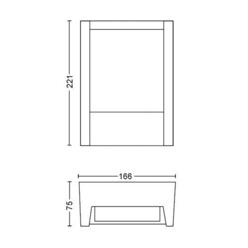 Technical drawing of a rectangular device with front and side views, labeled with dimensions 221 mm height, 166 mm width, and 75 mm depth.