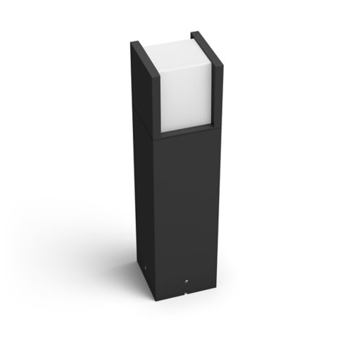 Black rectangular outdoor bollard light with a matte finish, featuring a white square diffuser on top and a compact design.