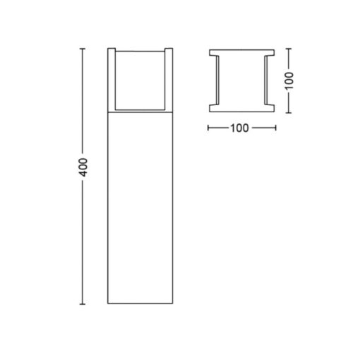 Technical drawing showing front and top views of a rectangular pillar light with labeled height and width dimensions.