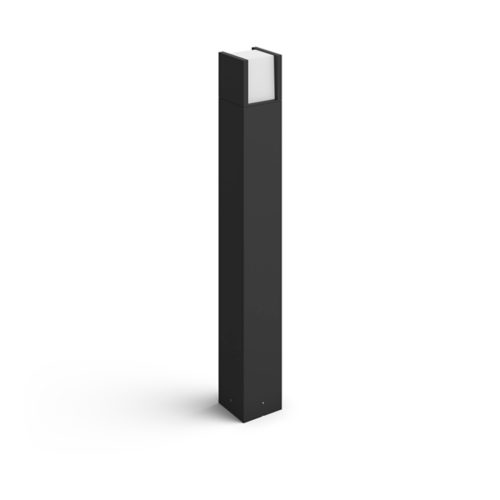 Black rectangular outdoor bollard light with a matte finish and a white square diffuser at the top, no visible switches or ports.