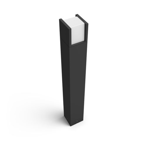 Black rectangular outdoor bollard light with a matte finish and a white square diffuser at the top, no visible switches or ports.