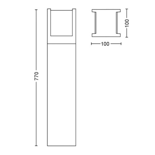 Technical drawing showing front and top views of a rectangular post with labeled dimensions for height and width.