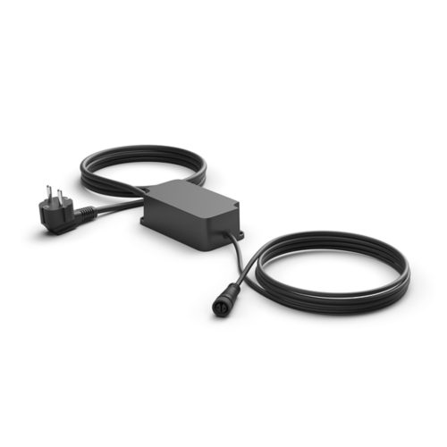 Black outdoor power supply with a rectangular matte finish box, attached cables, and a European plug and connector visible.