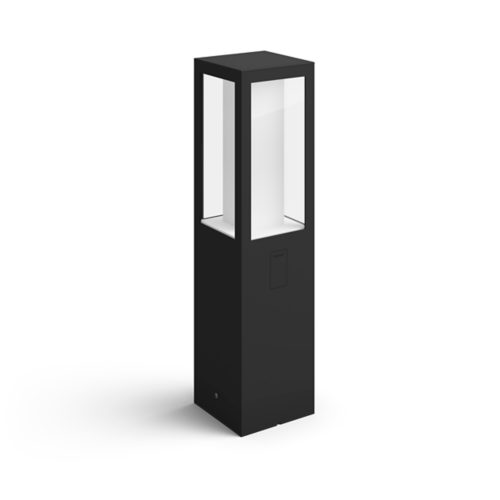 Rectangular black outdoor bollard light with clear panels, matte finish, and compact design. Small access panel visible on the front.
