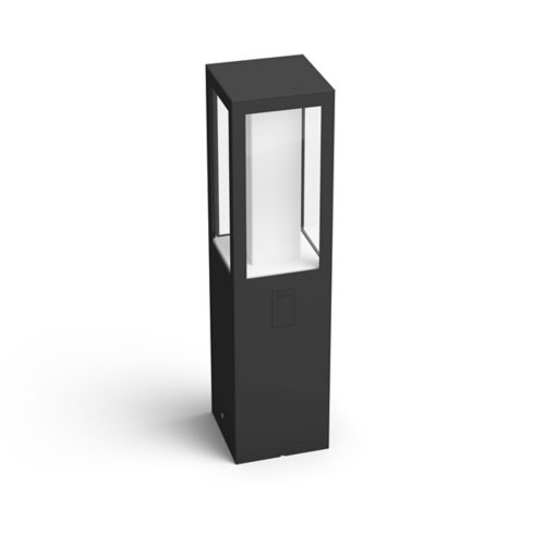 Rectangular outdoor bollard light with a black matte finish, transparent glass panels, and a compact geometric design.