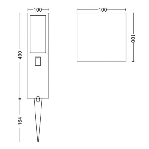 Technical drawing showing dimensions and layout of a rectangular outdoor lighting fixture with ground spike and labeled height and width.