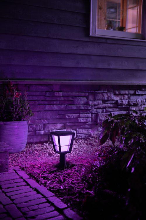 Outdoor smart pathway light with a geometric design installed in a garden bed, emitting purple light onto nearby plants and walkway.