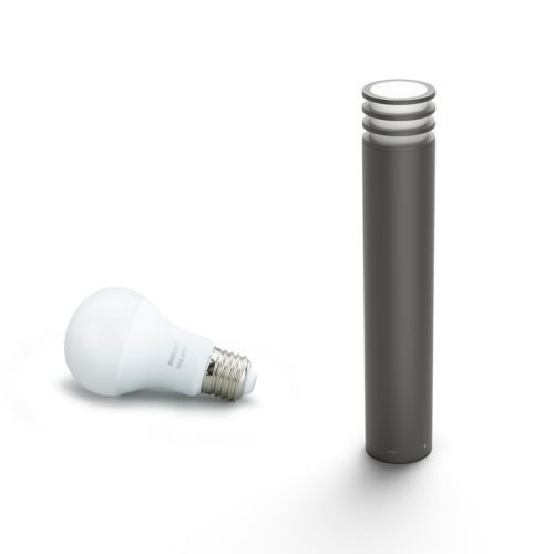 White LED light bulb with metallic base and a matte black cylindrical lamp with ringed top detail on a plain background.