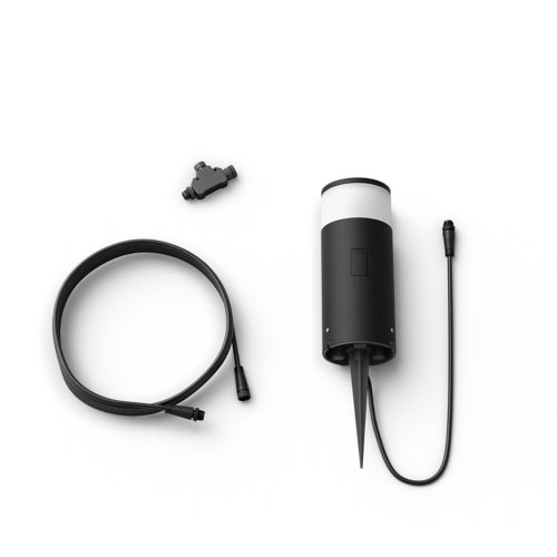 Black outdoor spotlight, long cable with connectors, and a small connector piece displayed on a white background.