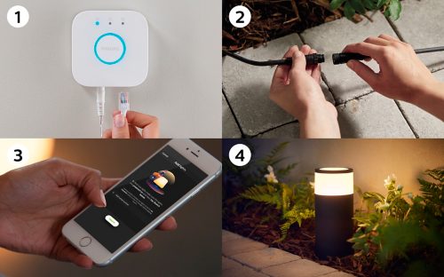 A four-step installation guide showing connecting a hub, assembling outdoor cables, app setup on a phone, and a lit outdoor path light.