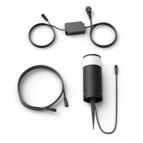 Black and white outdoor smart light fixture with spike, power adapter, and two extension cables on a white background.