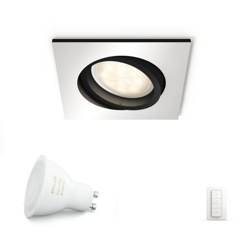 Square recessed ceiling spotlight with a black inner ring, white GU10 bulb with visible text, and a white remote control with buttons.