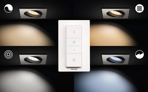 White smart switch in the center, surrounded by recessed lights displaying various color temperatures and brightness settings.