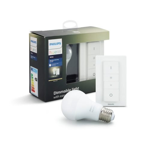White dimmable LED bulb with a compact rounded shape and a white rectangular wireless dimmer switch with three visible buttons.