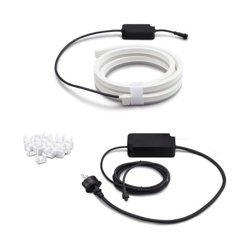 Flexible white LED light strip with matte finish, black power adapter, cable, and a collection of white mounting clips.