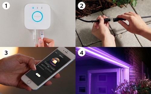 Four images show steps for installing and setting up smart outdoor lighting, from connecting hardware to configuring via a mobile app.