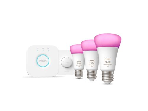 Hue White & Color Ambiance Starter-Set: E27 Lampe A60 Dreierpack - 1100lm + Smart Button