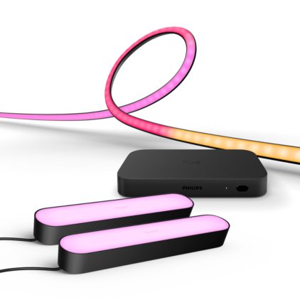 Close up of front of Bundle: 2x Play light bars + Play gradient lightstrip (75" TVs) + Hue sync box