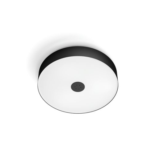 Round ceiling light with a black outer rim, white matte finish surface, and central black sensor or port feature.