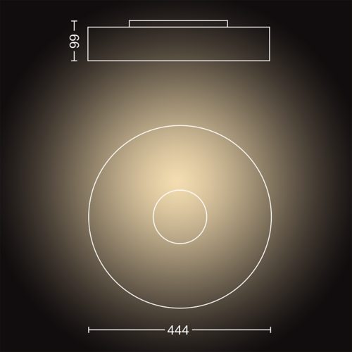 Outlined diagram of a circular ceiling light fixture showing diameter and height measurements, viewed from above and side.