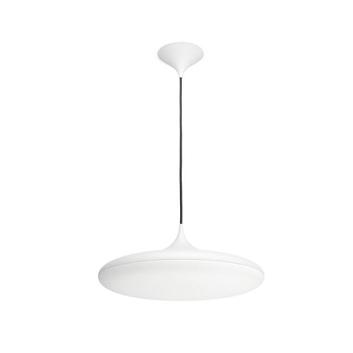White pendant ceiling light with a round, flat shape and matte finish, suspended by a black cord, no visible switches or ports.