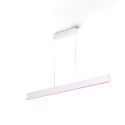 White rectangular pendant light with matte finish, suspended by two wires, emitting a subtle pink glow along the underside.