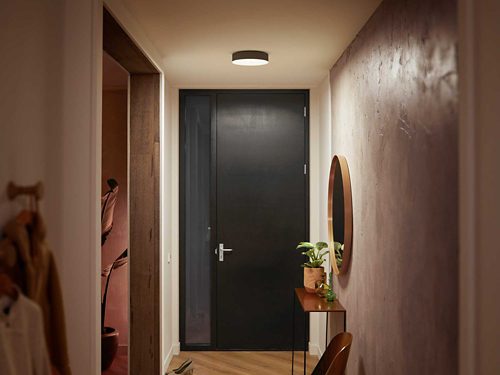 A round ceiling-mounted smart light fixture is installed in a hallway, providing illumination near a black door and console table.