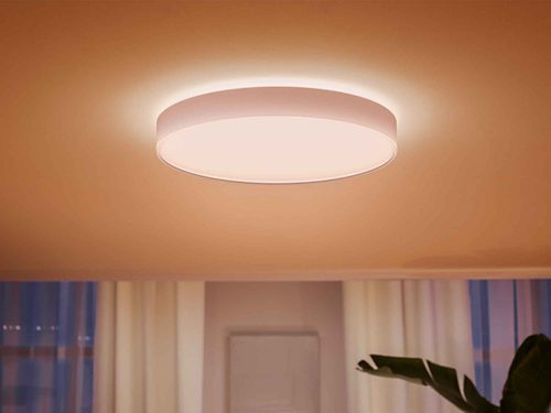 Round ceiling-mounted light fixture emitting diffused illumination, positioned centrally above a room with curtains and a plant visible below.