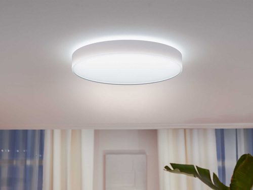 Round ceiling-mounted smart light emitting bright illumination, positioned centrally above curtains and a plant in a modern room.
