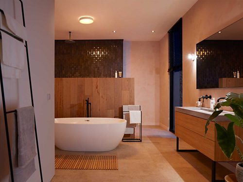 Ceiling-mounted round smart light illuminates a modern bathroom with freestanding bathtub, wooden accents, and visible towels.