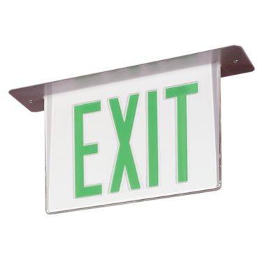 Architectural Emergency LED Edge-Lit Exit with Xtest, Pendant Mount, Single Face, Red or Green Letters, Clear, White or Mirrored Backgrounds available, White Finish, Custom finish options available. See spec sheet.