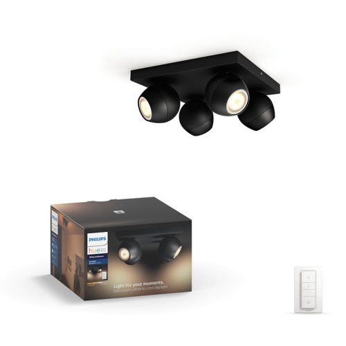Black ceiling spotlight fixture, product packaging with visible text, and a white wireless remote control on a plain background.