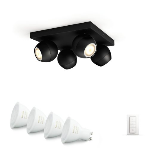 Product packaging showing a black dual spotlight fixture with the text Personalise your home with smart lighting on the box.