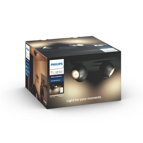 Box packaging displaying a black spot light fixture with two adjustable heads and the text Light for your moments on the front.